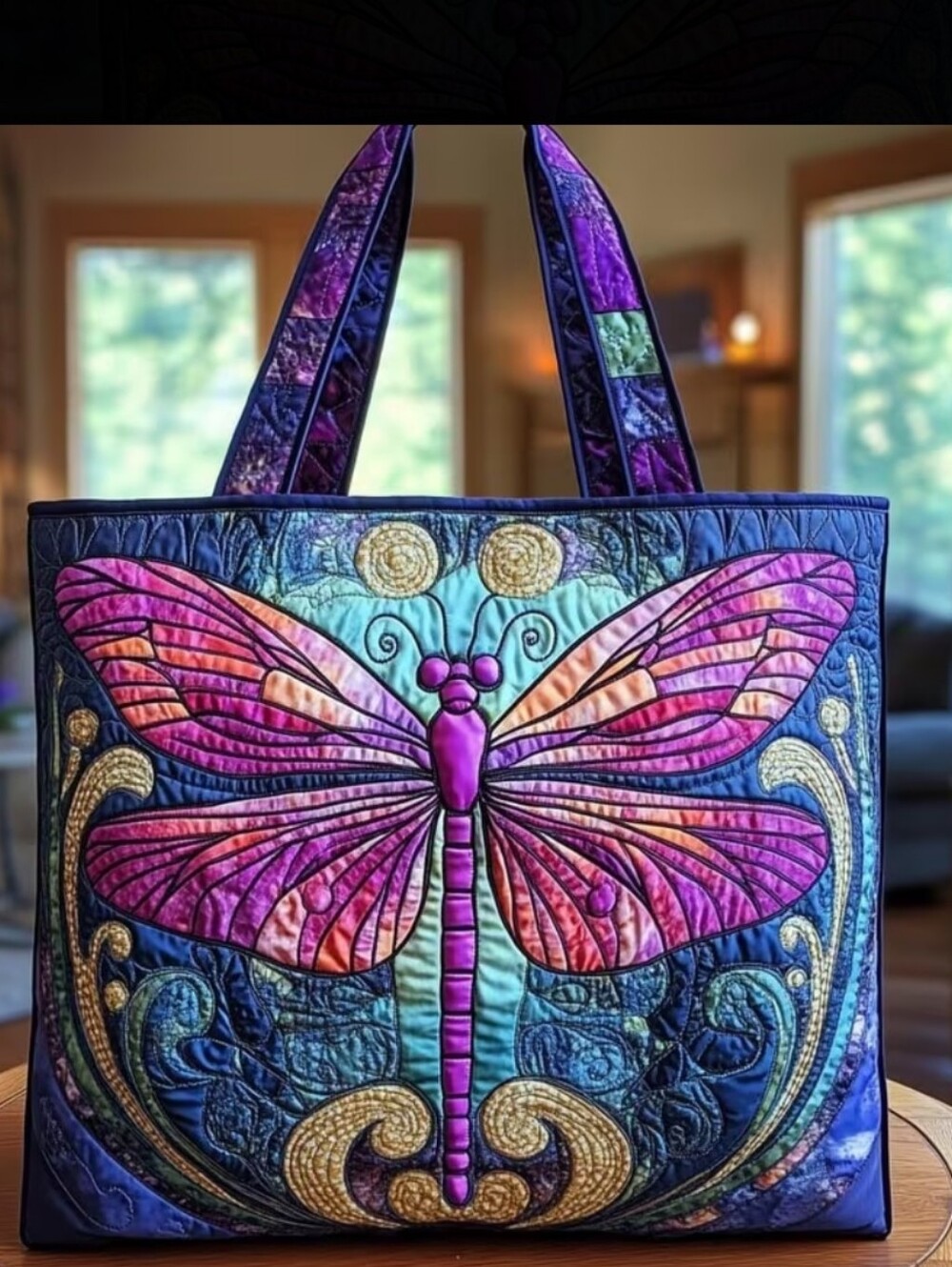 Quilted Dragonfly Tote Bag in Purple and Teal